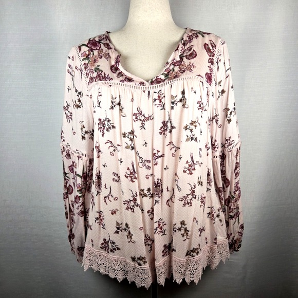 Knox Rose Pink Floral Blouse Women's Large Lace Trim Cottagecore Boho Feminine - Picture 2 of 8